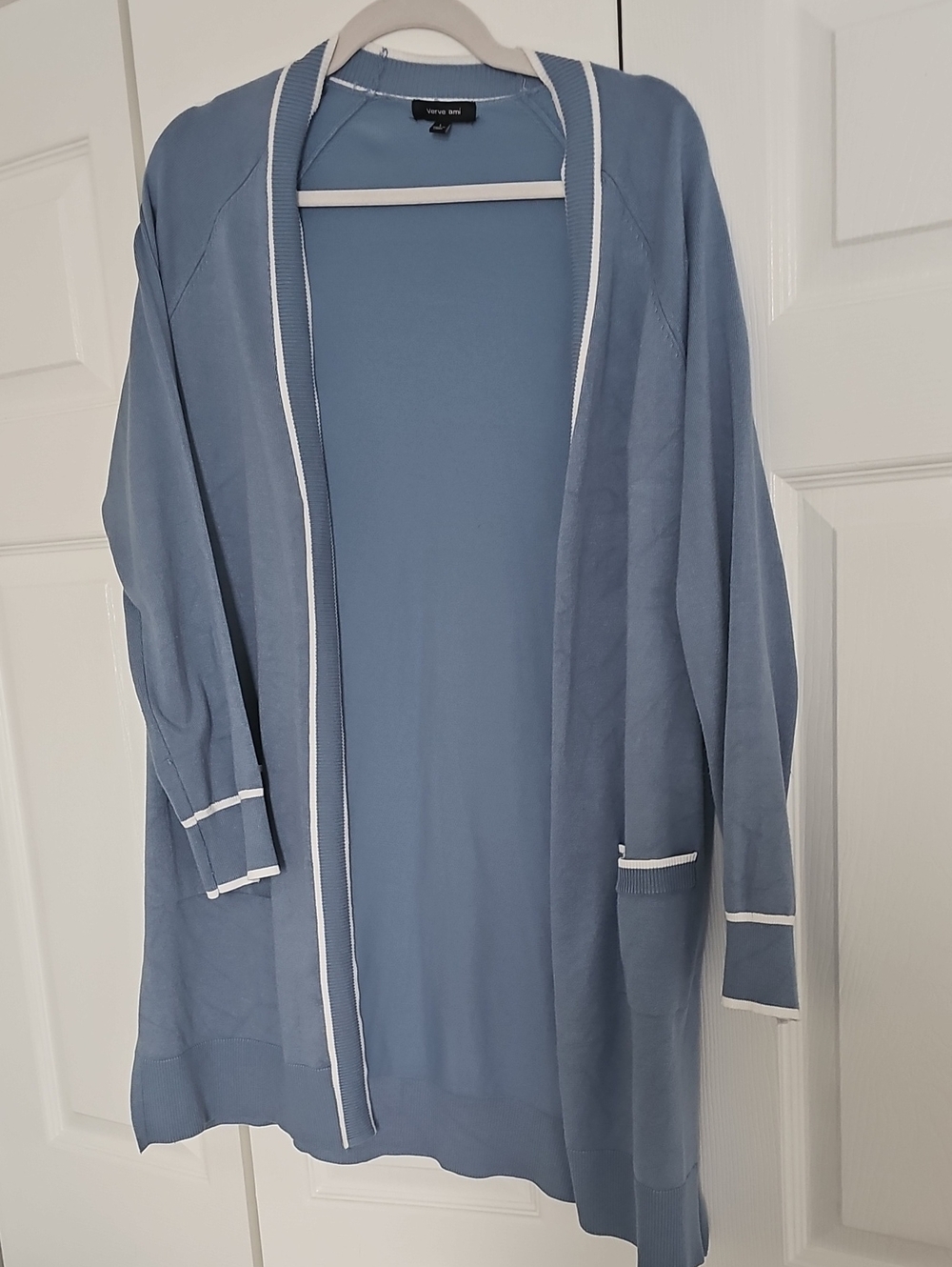 Verve Ami Blue Longline Knit Cardigan with White Trim